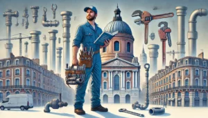 Plombier professionnel à Toulouse devant le Capitole, symbolisant expertise en rénovation et services de plomberie février 2025.