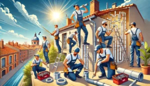 Entretien plomberie Toulouse avec une équipe de plombiers installant des tuyaux dans une maison en briques rouges