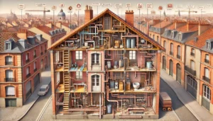 Installation plomberie Toulouse en coupe montrant tuyaux, vannes et drainage dans une maison en briques roses.