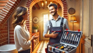 Plombier Toulouse souriant avec caisse à outils dans une maison en briques rouges, client satisfait en arrière-plan.