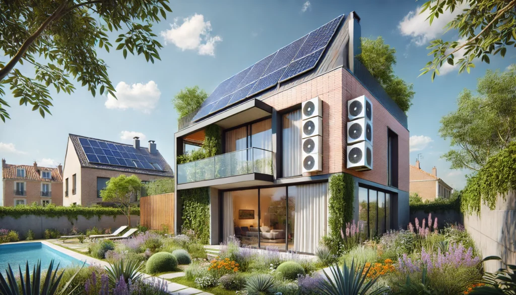 Climatisation Toulouse dans maison moderne avec panneaux solaires et jardin vert sous un ciel bleu d’été.