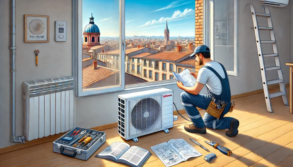 Installation climatisation à Toulouse par un technicien avec outils et manuels ouverts dans un appartement.