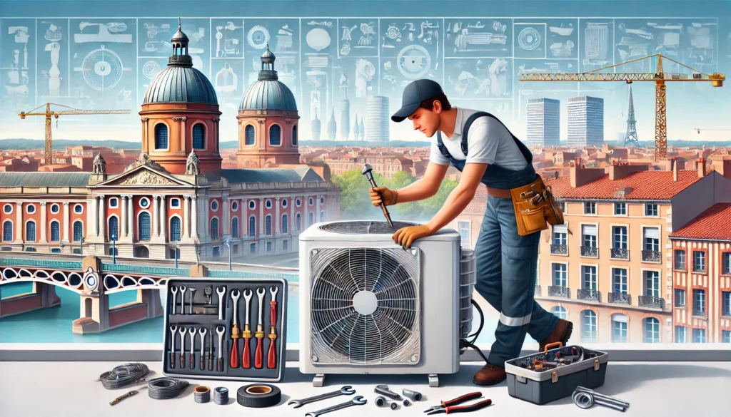 Réparation climatisation à Toulouse avec technicien professionnel et outils, Capitole en arrière-plan.