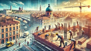 Devis plomberie pour rénovation à Toulouse illustré par des maçons construisant des murs en briques rouges.