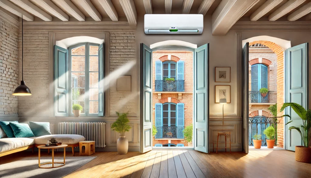 Climatisation Toulouse intégrée dans un intérieur moderne avec briques rouges et volets bleus en été.