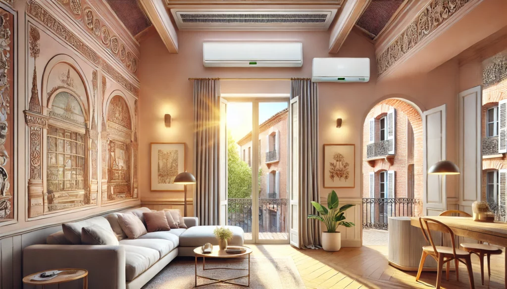 Installation climatisation réversible dans intérieur moderne à Toulouse, avec mur en briques roses et vue ensoleillée.