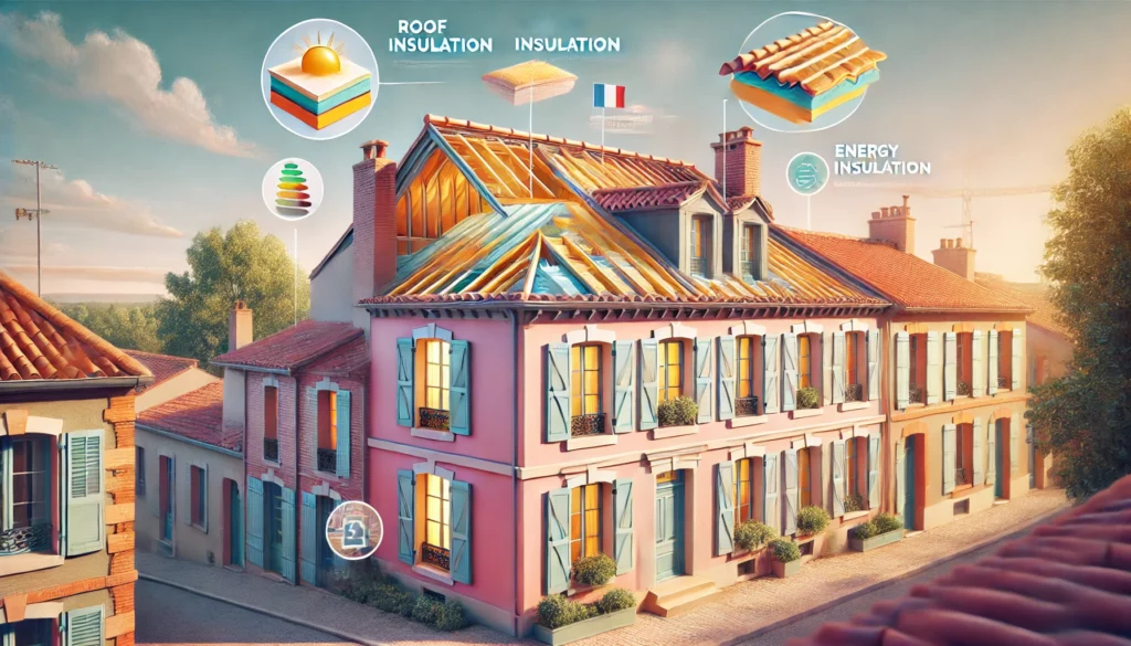 Isolation toiture d’une maison à Toulouse avec briques roses, volets colorés et matériaux isolants visibles.