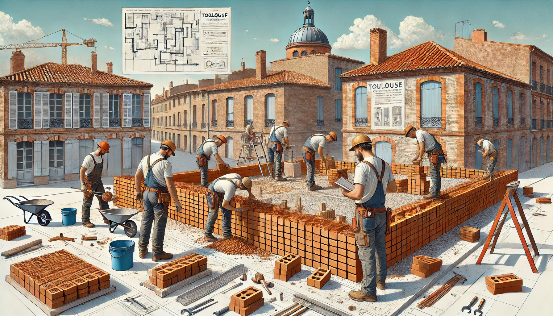 Travaux de maçonnerie à Toulouse avec maçons posant des briques rouges sous un ciel bleu ensoleillé.
