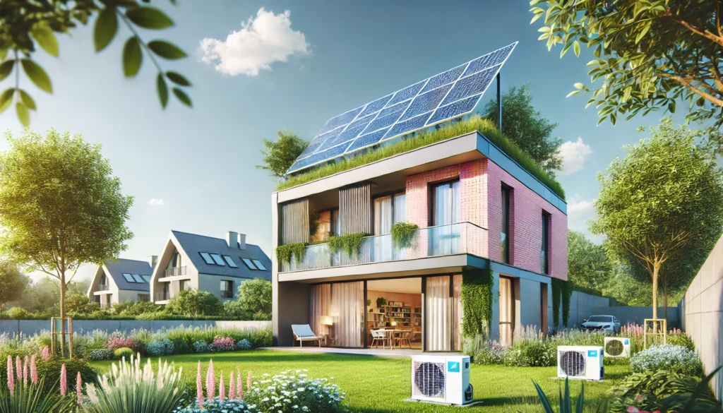 Entretien climatisation Toulouse dans maison moderne avec panneaux solaires et jardin éco-responsable.
