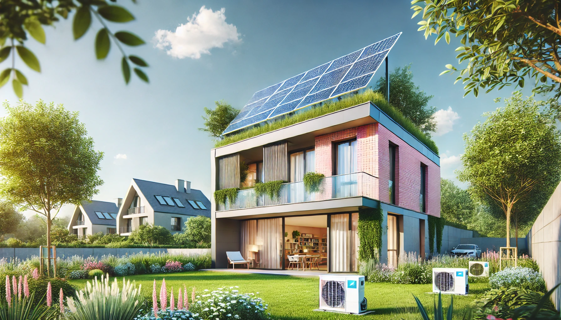 Entretien climatisation Toulouse dans maison moderne avec panneaux solaires et jardin éco-responsable.
