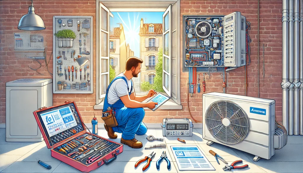 Réparation climatisation Toulouse avec technicien expert, outils organisés et schéma visible sur tablette.