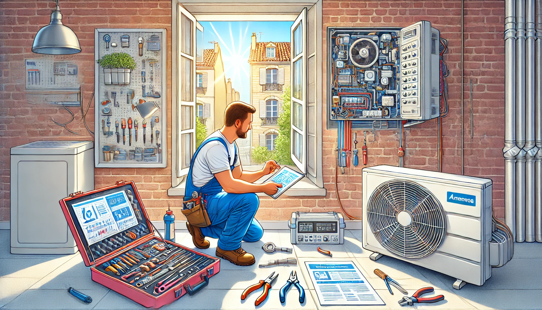 Réparation climatisation Toulouse avec technicien expert, outils organisés et schéma visible sur tablette.