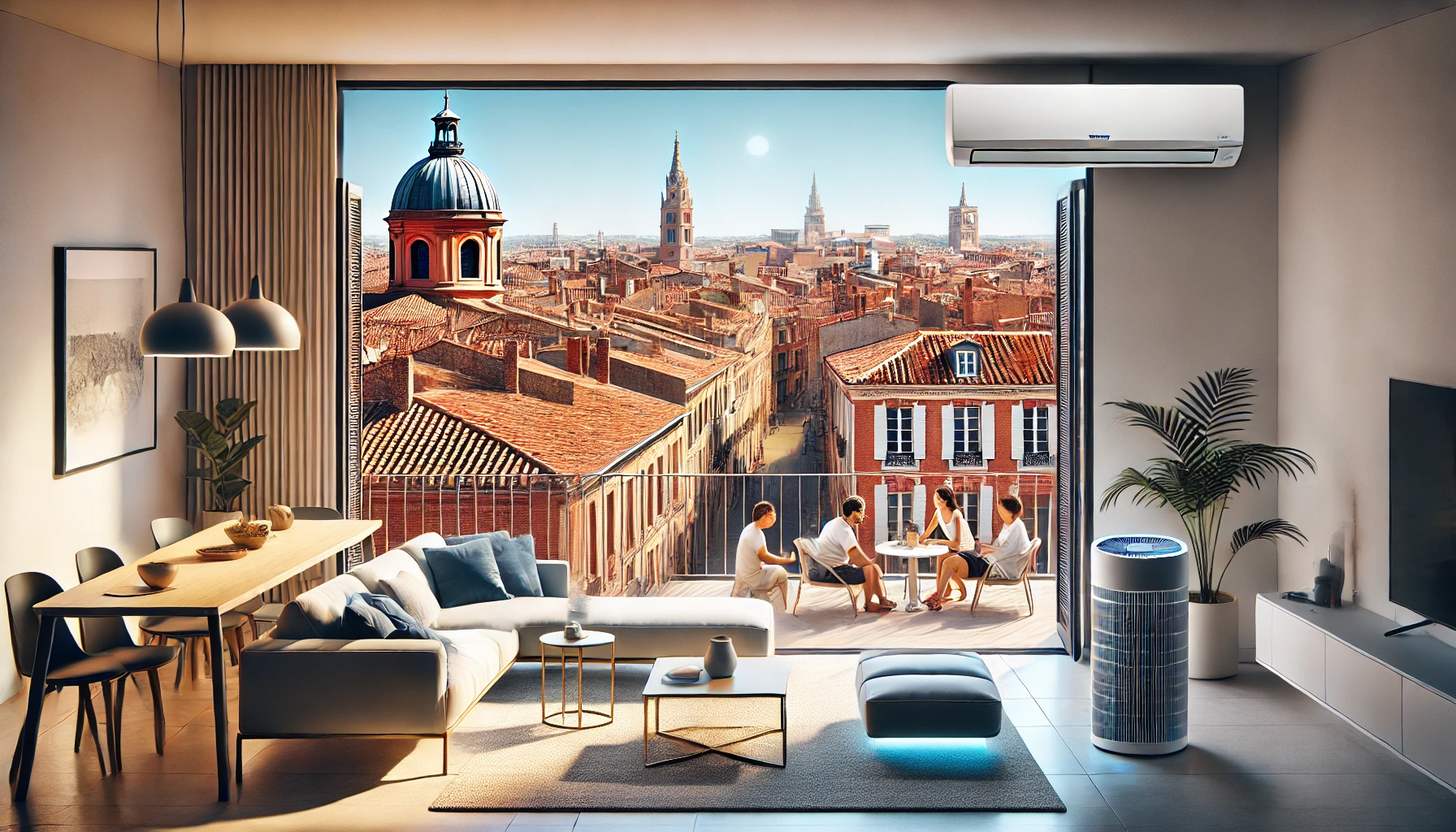 Climatisation Toulouse illustrée par une famille profitant d’un intérieur frais face à la chaleur extérieure.