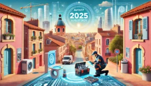 Plombier d'urgence Toulouse en 2025 utilisant outils futuristes dans un quartier ensoleillé de la ville.