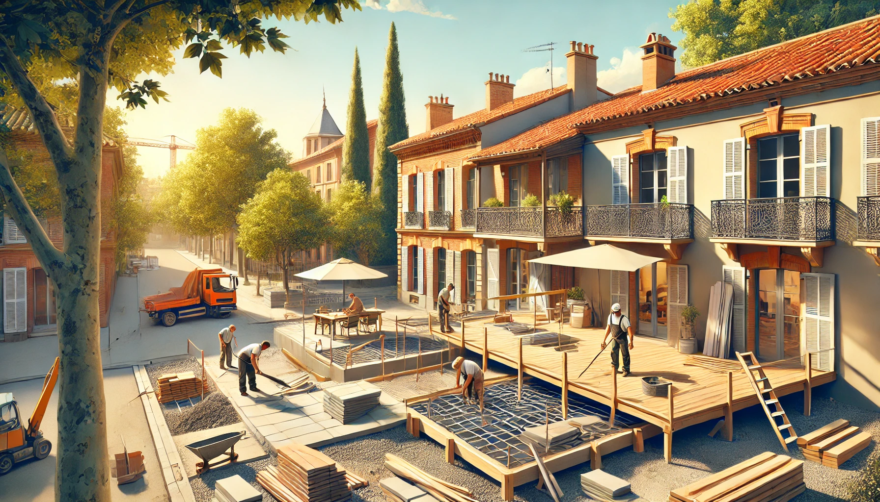 Fondation de terrasse en construction à Toulouse avec ouvriers, dalles, poutres en bois et outils visibles.