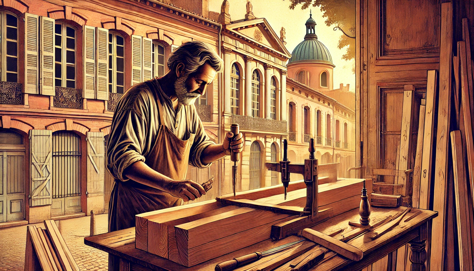 Charpente Toulouse avec un artisan travaillant le bois sous une lumière dorée, briques roses en arrière-plan.