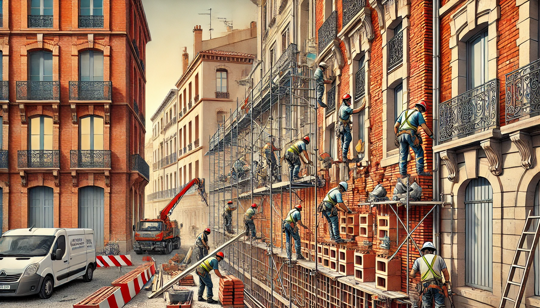 Réparation de murs porteurs à Toulouse avec ouvriers renforçant un mur en briques rouges en zone urbaine