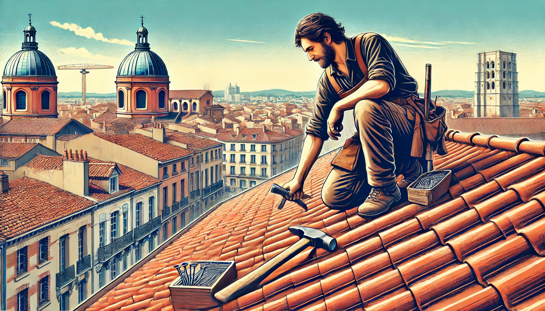 Devis Réparation toiture Toulouse avec un artisan sur un toit en tuiles rouges, outils visibles et vue sur la ville.