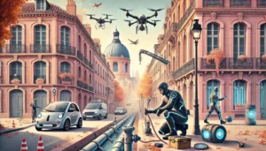 Plombier rénovation Toulouse en 2025 utilisant outils futuristes dans une rue avec briques roses et drones.