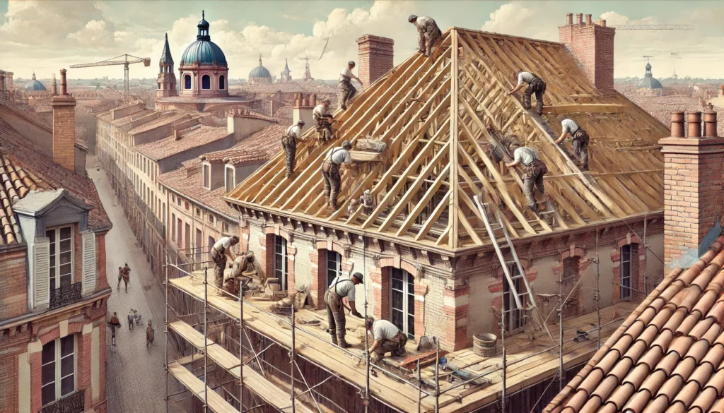 Réparation charpente Toulouse avec artisans sur toiture en bois, vue sur bâtiments en briques roses.