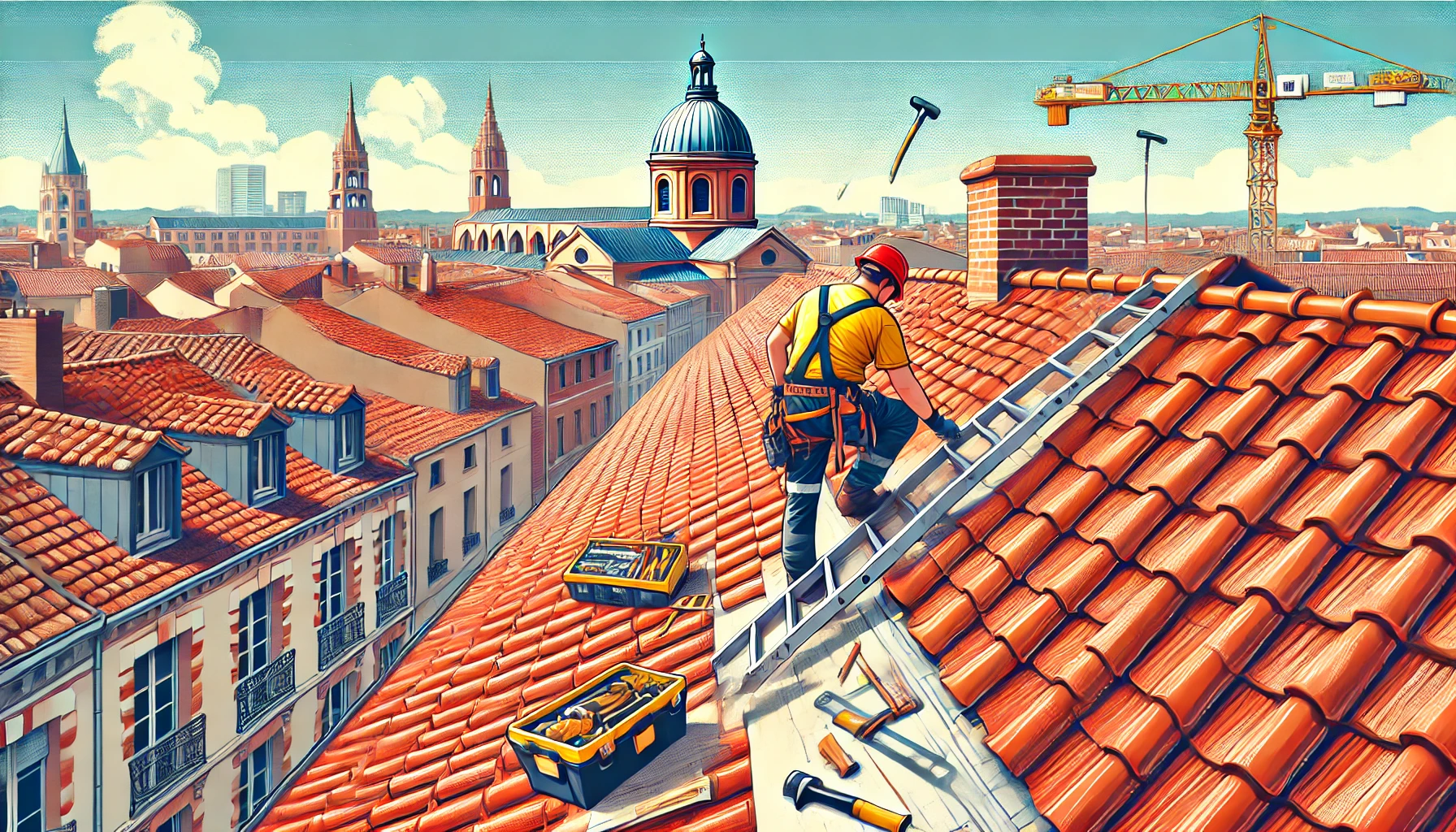 Toiture rénovation Toulouse avec un artisan réparant un toit en tuiles rouges, outils et sécurité visibles.