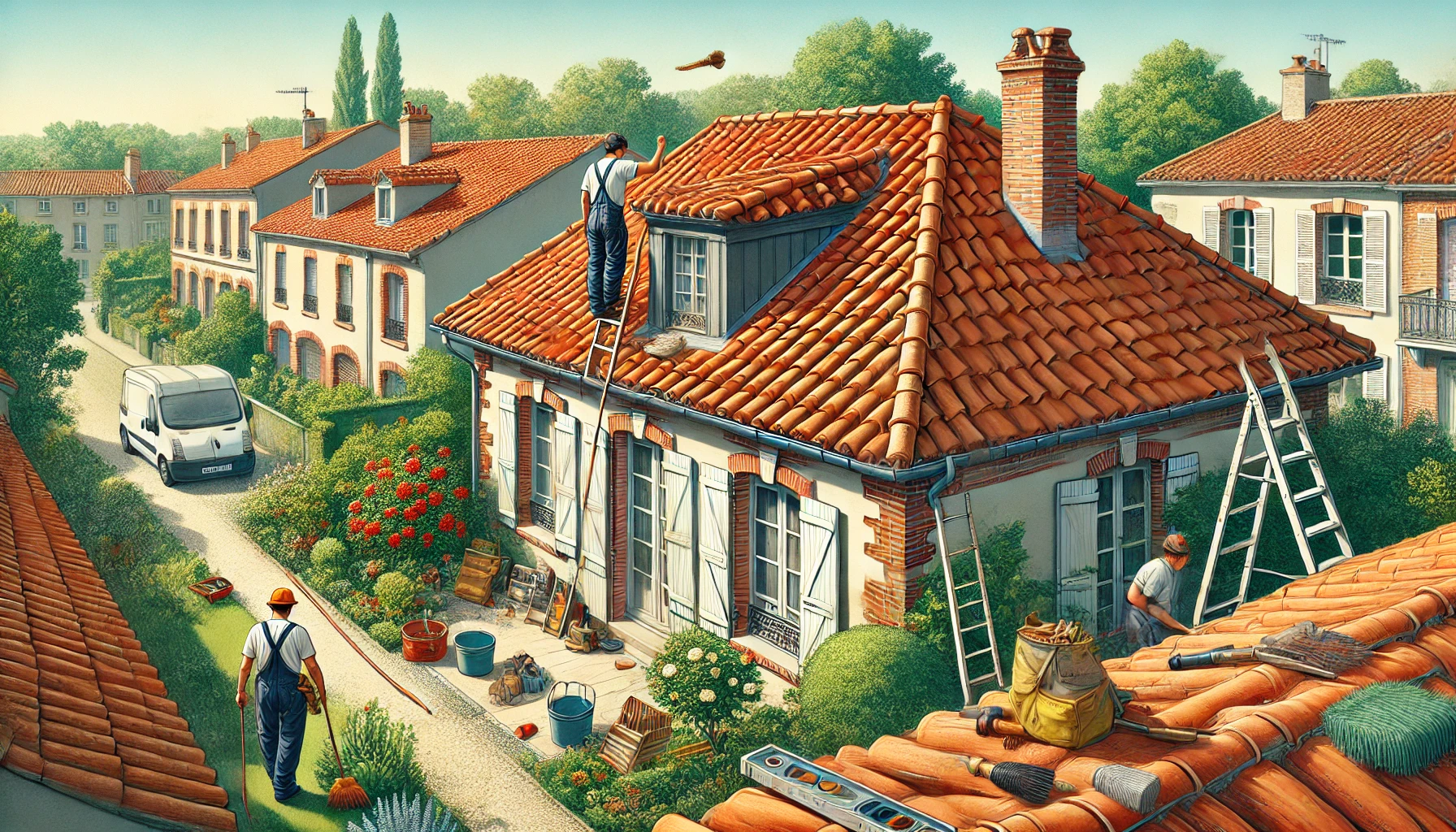 Entretien de toiture sur maison toulousaine avec homme nettoyant gouttières sous ciel bleu ensoleillé.