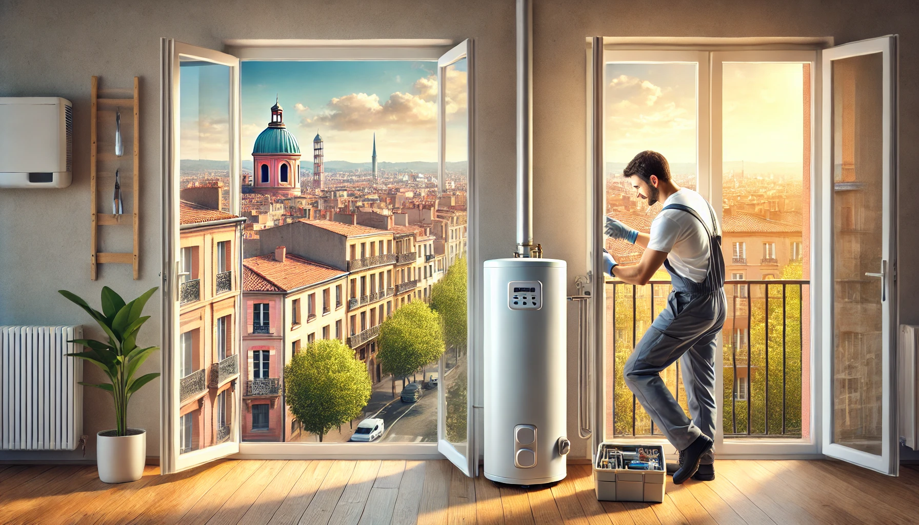 Installation chauffe-eau Toulouse dans un appartement avec vue sur les briques roses de la ville.