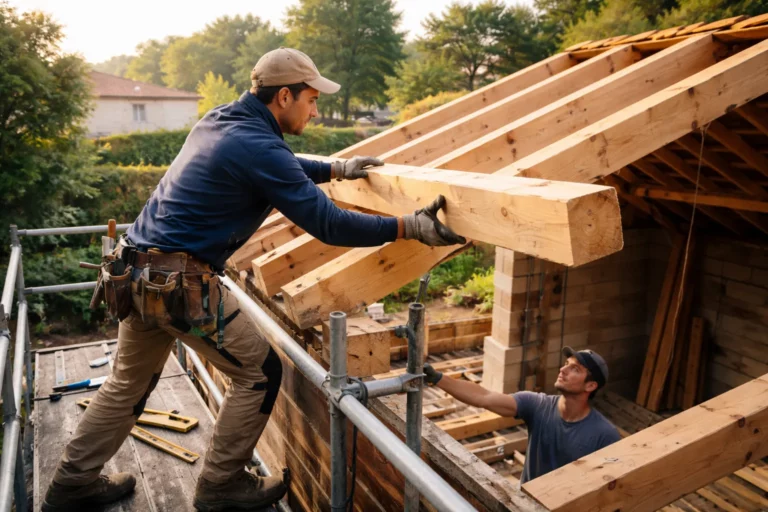 Charpentier Castanet-Tolosan posant une panne en bois sur une charpente en cours de montage sur une maison individuelle à Castanet-Tolosan.