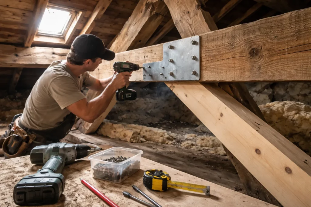 Charpentier Castanet-Tolosan fixant un renfort et un contreventement sur une charpente dans des combles pour stabiliser la structure.