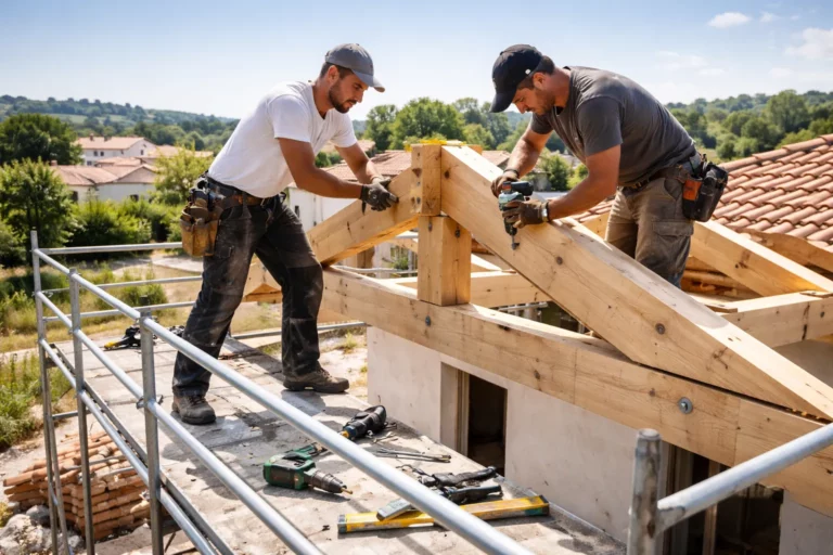 Un Charpentier Goyrans travaille sur la pose d’une charpente en bois sur une maison individuelle en construction, avec l’ossature visible sous un ciel clair.