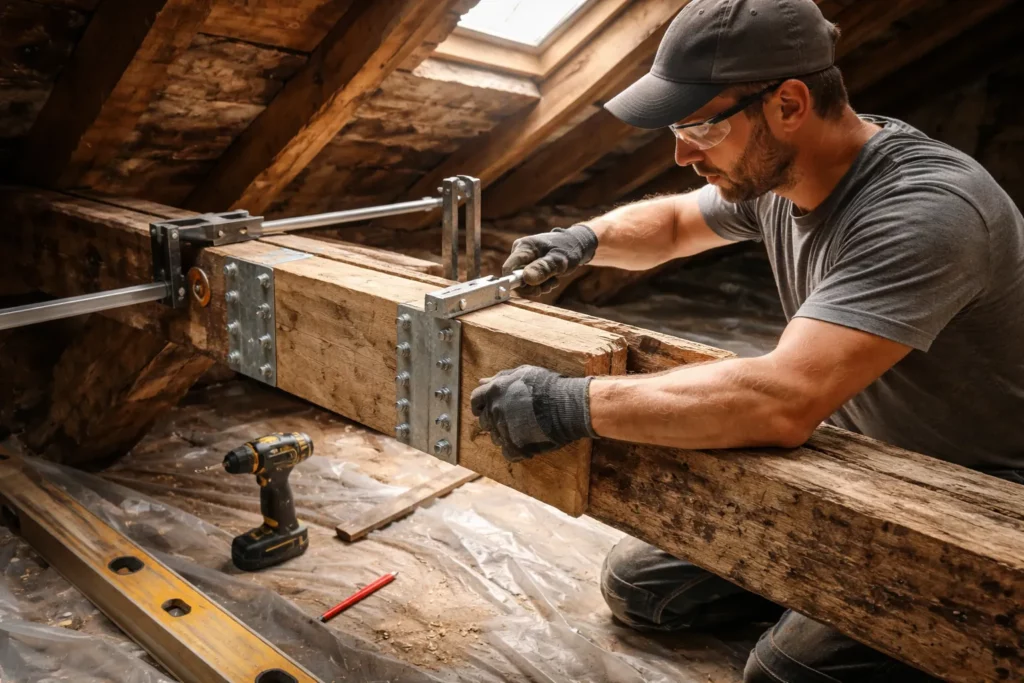Un Charpentier Goyrans renforce une charpente ancienne dans des combles en fixant une pièce de bois et des connecteurs métalliques sur un assemblage existant.