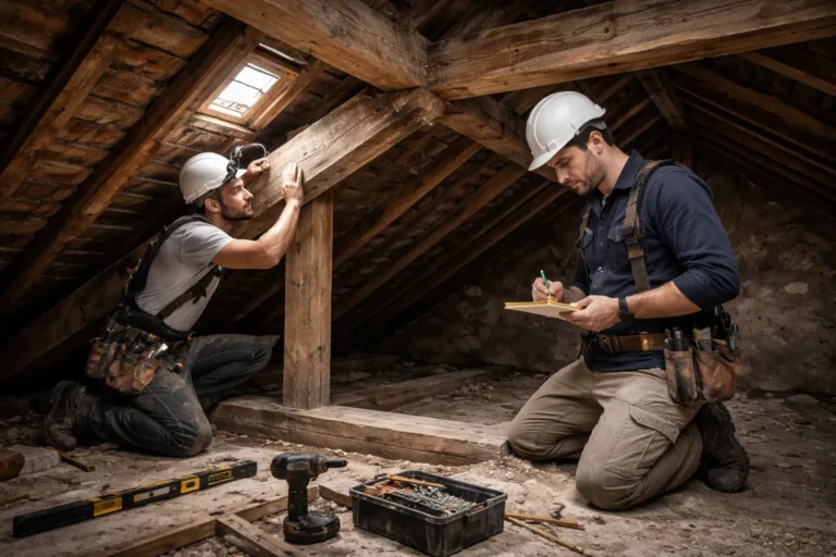 Un Charpentier Labège inspecte une charpente traditionnelle en bois sous les tuiles d’une maison, avec casque et harnais, en lumière naturelle.
