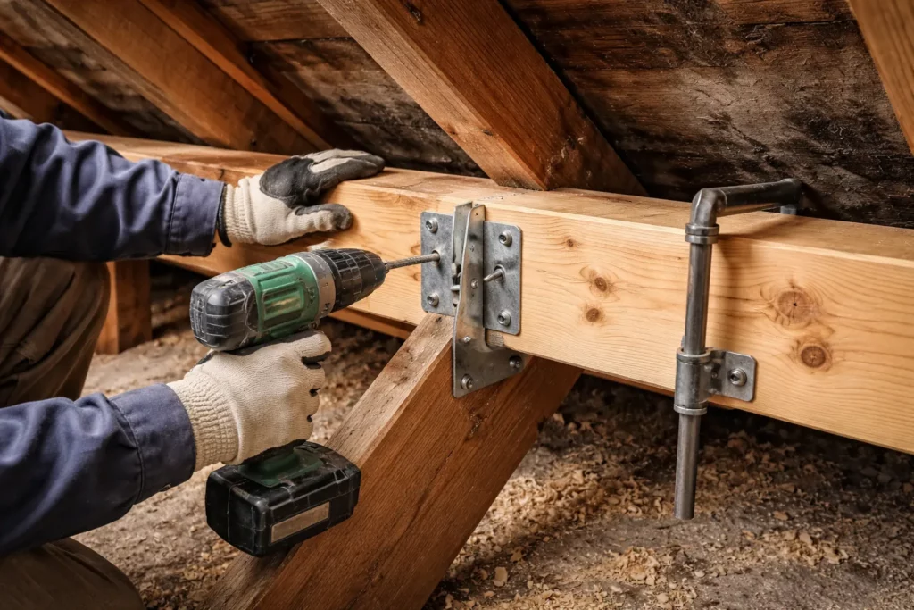 Un Charpentier Labège réalise une réparation ciblée en renforçant un chevron avec une pièce de bois et des fixations métalliques dans des combles.