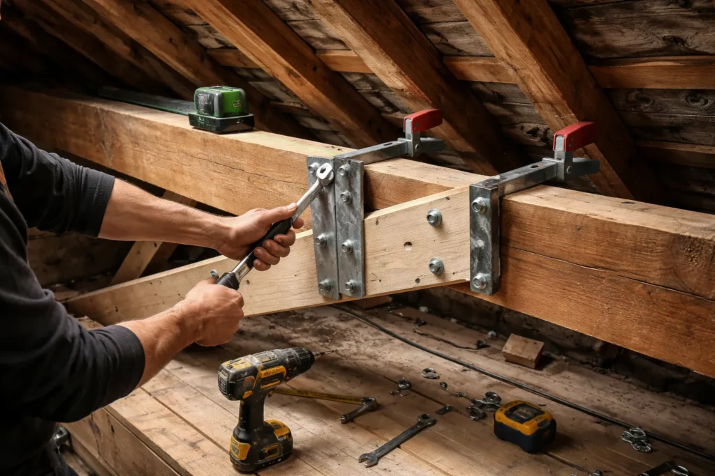 Un Charpentier Muret inspecte une charpente dans des combles et réalise un renforcement avec des pièces de bois et des fixations métalliques.