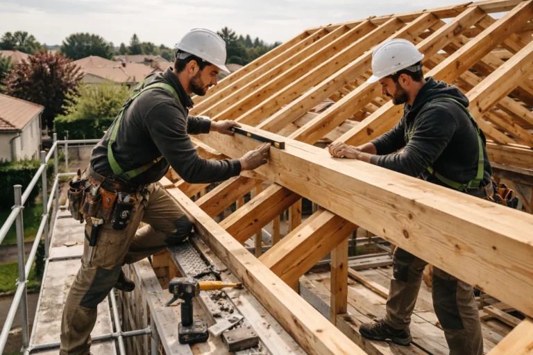 Un Charpentier Muret travaille sur une charpente en bois en cours de pose sur une maison individuelle, avec chevrons et pannes visibles sous une lumière naturelle.