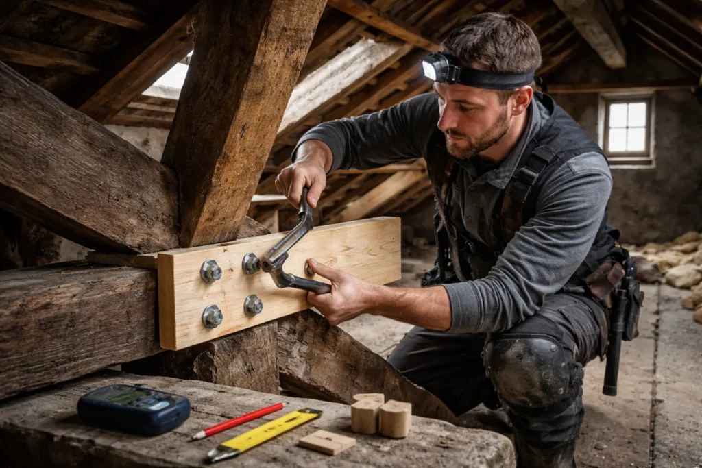 Un Charpentier Portet-sur-Garonne inspecte une charpente dans des combles et réalise un renfort avec une pièce de bois fixée sur un assemblage.