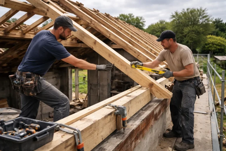 Un Charpentier Portet-sur-Garonne travaille sur une charpente traditionnelle en bois sur une maison individuelle, avec échafaudage et outils de chantier.