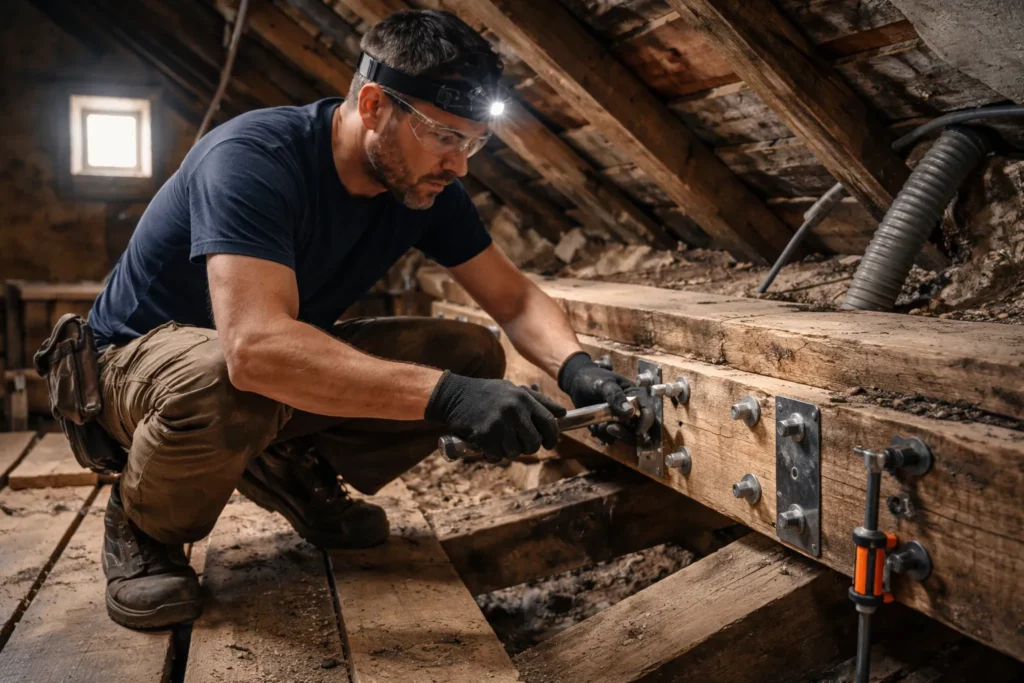 Charpentier Ramonville-Saint-Agne inspectant une panne et réalisant un renfort sur une charpente ancienne dans des combles.