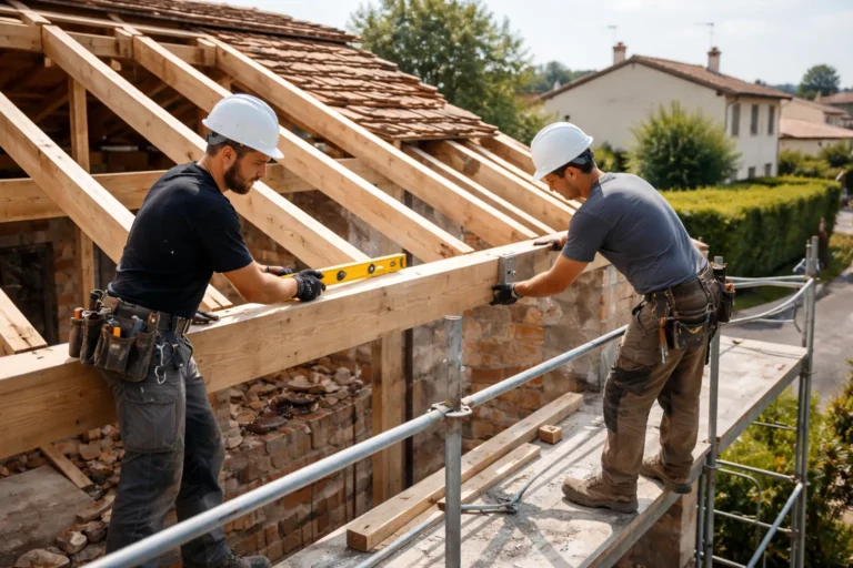 Charpentier Ramonville-Saint-Agne posant une ferme de charpente traditionnelle sur une maison individuelle en chantier à Ramonville-Saint-Agne.