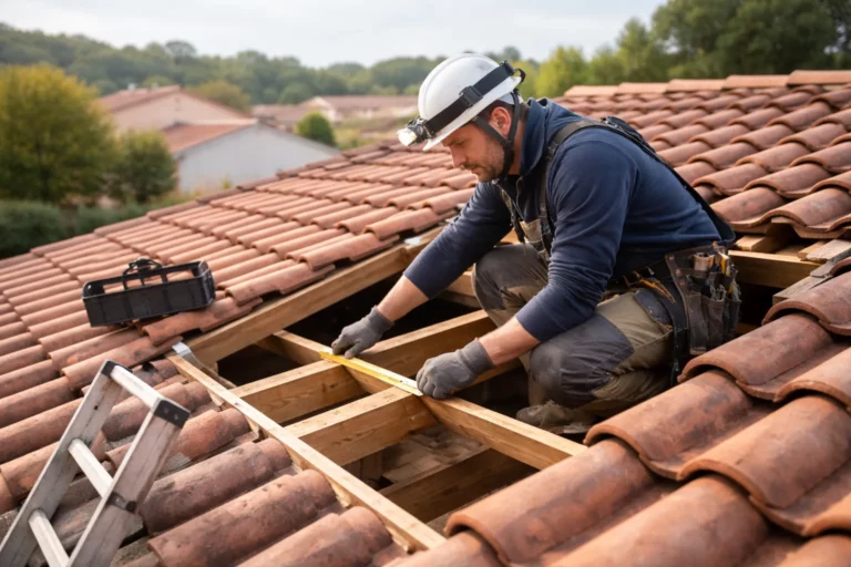 Un Charpentier Saubens inspecte une charpente sous toiture sur une maison individuelle du sud-ouest, avec outils et harnais de sécurité.