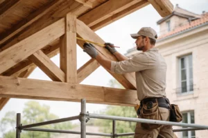Un charpentier Toulouse ajuste une ferme de charpente traditionnelle sur un chantier, avec outils de mesure et bois apparent dans une ambiance sobre et réaliste.