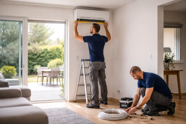 Climatisation Castanet-Tolosan : un technicien installe une unité intérieure murale dans un salon lumineux d’une maison près de Toulouse.