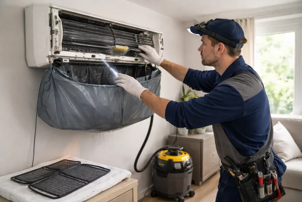 Climatisation Cugnaux : un technicien réalise l’entretien d’une unité intérieure avec nettoyage des filtres et contrôle des condensats.