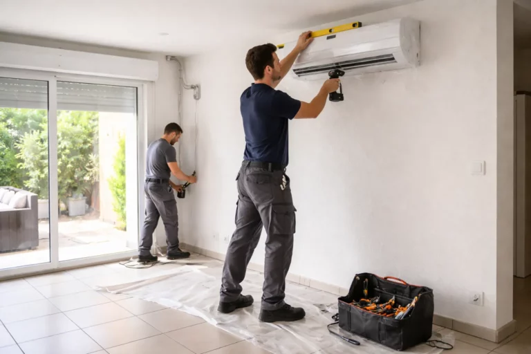 Climatisation Cugnaux : un technicien installe une unité intérieure murale dans un salon de maison à Cugnaux.