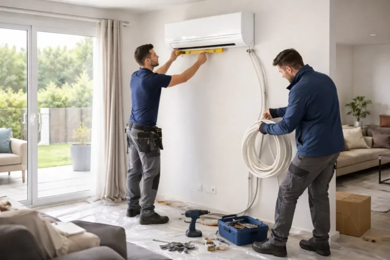 Climatisation Donneville : un installateur pose une unité intérieure de climatisation split dans un salon de maison près de Toulouse.