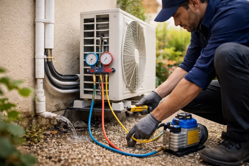 Climatisation Donneville : un technicien réalise la mise en service avec manomètres et pompe à vide sur une unité extérieure de climatisation.