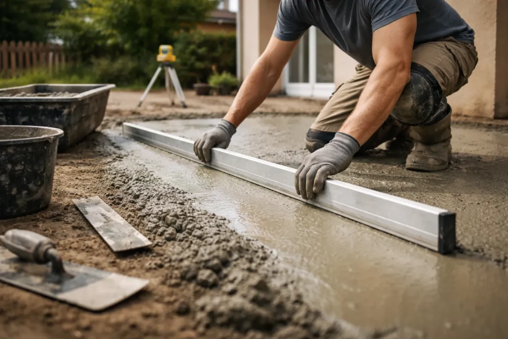 Un Maçon Corronsac tire une chape sur une dalle fraîche avec une règle aluminium, en préparant une terrasse prête à recevoir un revêtement.