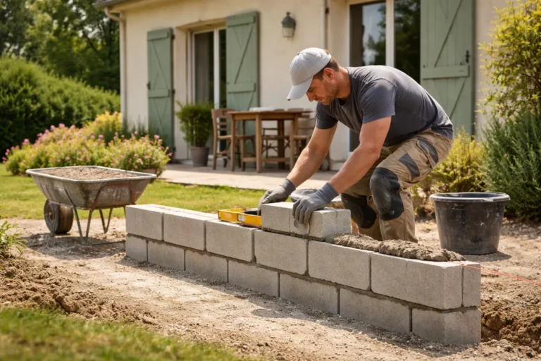 Un Maçon Corronsac réalise un muret en parpaings dans un jardin de maison individuelle, avec chantier propre et outils de maçonnerie au premier plan.