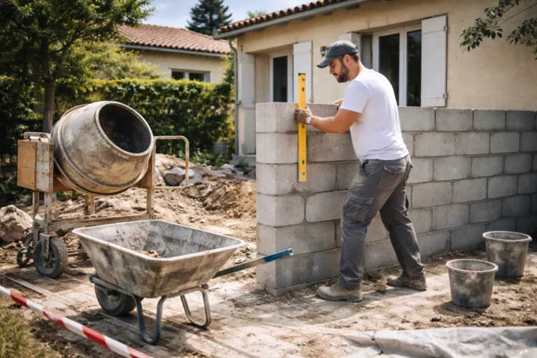 Maçon Cugnaux sur un chantier de rénovation d’une maison, contrôlant l’alignement d’un mur en parpaings avec un niveau.