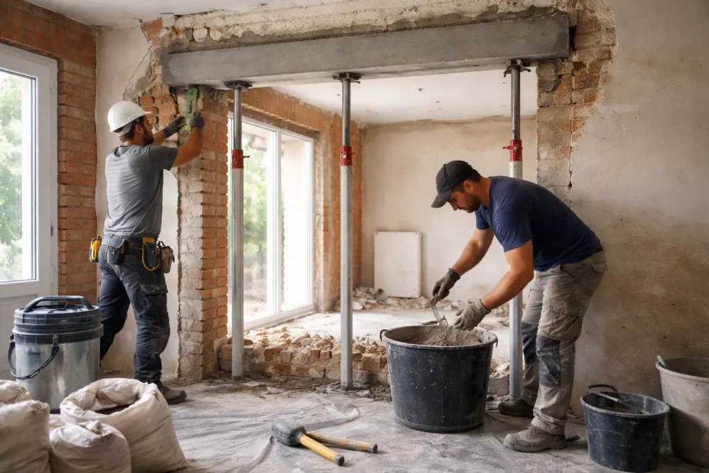 Maçon Cugnaux réalisant une ouverture de mur intérieure avec étaiement, pose de linteau et contrôle des niveaux avant finitions.